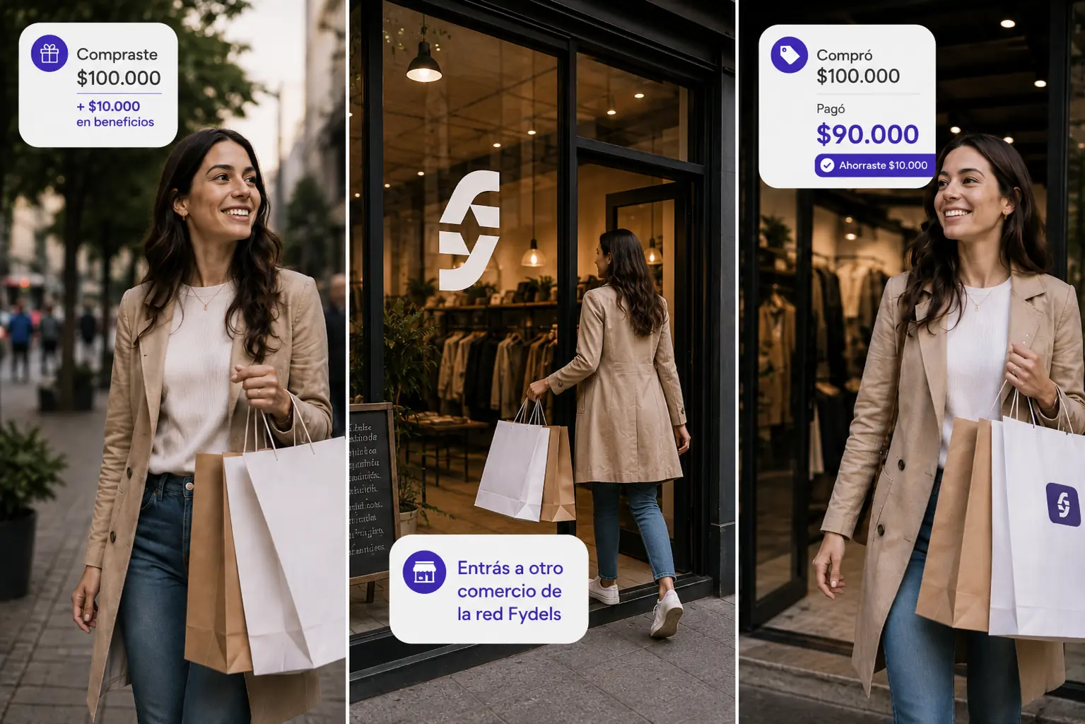 Persona usando su celular con una sonrisa en una zona comercial.